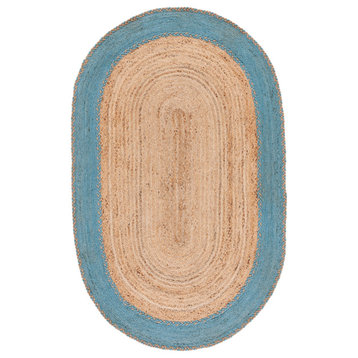 Safavieh Vintage Leather Collection NFB261M Rug, Natural/Blue, 6' X 9' Oval