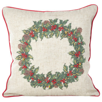 Holly Wreath Jingle Bell Christmas Poly Filled Throw Pillow