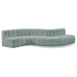Meridian Furniture - Arc Vegan Leather Upholstered 6-Pc. S-Shaped Modular Sofa, Green - Unleash modern opulence with the Arc Vegan Leather 6pc. Sectional. Crafted for the modern connoisseur, this Sectional injects an air of refined luxury into any space. Its sleek silhouette, upholstered in supple mint green vegan leather, exudes timeless sophistication while the deep channel tufting adds textural intrigue, further elevating the chair's visual appeal. The modular design makes it a versatile chameleon, effortlessly adapting to your evolving needs and preferences. Whether you envision it gracing a chic living room corner, basking in the glow of a bedroom window, or adding a touch of drama to a home office, the Arc seamlessly complements your unique interior aesthetic.