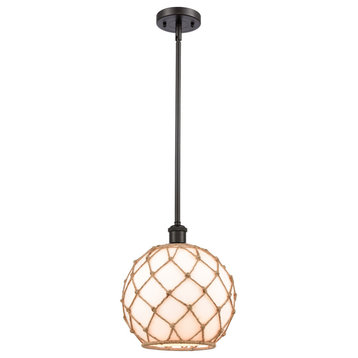 Farmhouse 1-Light Pendant, Oil Rubbed Bronze, White Glass With Brown Rope