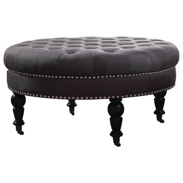 Isabelle Charcoal Round Tufted Ottoman, 34.63W X 34.63D X 18.13H, Black