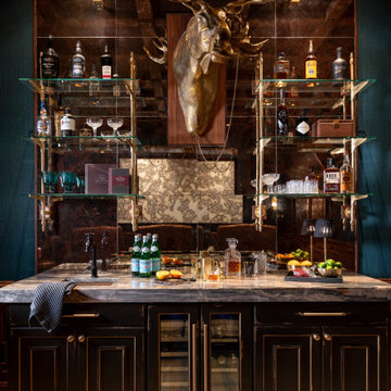 Luxury Custom Walnut Home Bar with Quartz Countertops and Brass Details