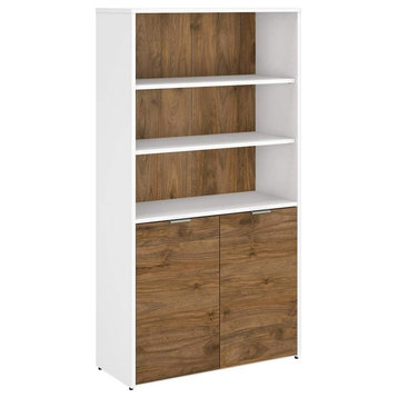 Bookcase, Wooden Construction With 5 open Shelves & Lower Cabinet, White/Walnut