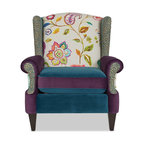 Anya Boho Chic Wingback Accent Arm Chair, Floral & Leopard, Satin Teal & Purple Velvet