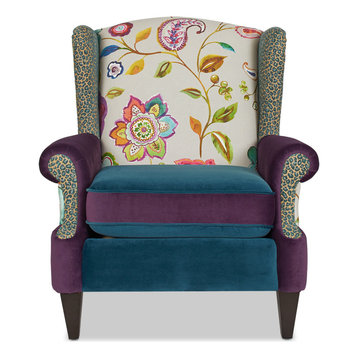 Anya Boho Chic Wingback Accent Arm Chair, Floral & Leopard, Purple Blue Teal