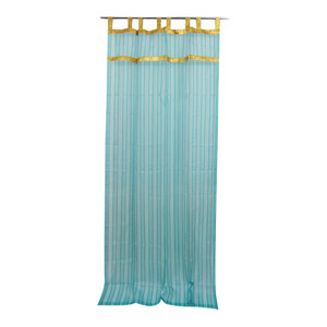 mogulinterior - 2 Sheer Organza Curtain Turquoise Golden Sari Border Drapes Panels, 48x96" - Curtains