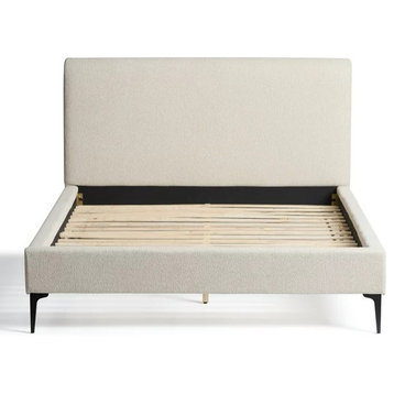 Upholstered Platform Bed, Slat Support With Panel Headboard, Oat, Queen
