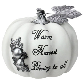 8" White and Black Warm Harvest Blessing Thanksgiving Table Top Pumpkin