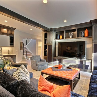 Photo of an expansive classic open plan home cinema in Portland with grey walls, carpet and a built-in media unit.