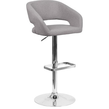 Gray Fabric Adjustable Height Barstool With Rounded Mid-Back and Chrome Base