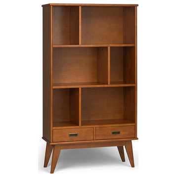 Mid Century Modern Bookcase, 6 Open Compartments & 2 Storage Drawers, Teak Brown