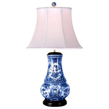 Chinese Blue and White Porcelain Round Vase Floral Bird Motif Table Lamp 30.5"