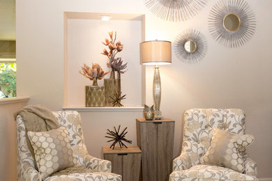 Living room - large transitional carpeted living room idea in Sacramento with beige walls, a standard fireplace, a tile fireplace and no tv