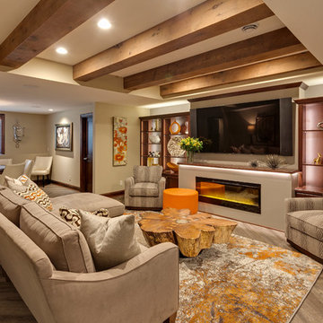 Reclaimed Wood Box Beams on Tray Ceiling in Contemporary Family Room