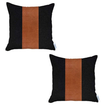 Set of 2 Black And Brown Faux Leather Pillow Covers