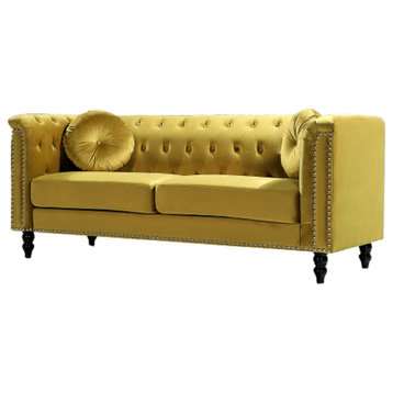 Elegant Sofa, Nailhead Trim & Button Tufted Back With 2 Pillows, Strong Yellow