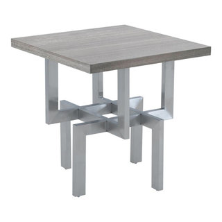 Illusion Gray Wood End Table with Brushed Stainless Steel Base ...
