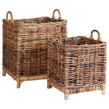 Set of 2 Large Natural Rattan Storage Baskets Square Planter Cachepot 18 14.5 in