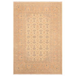 Bareens Designer Rugs - Eclectic Ziegler Nada Tan Red Wool Rug - 6'2'' x 9'3'' - A Persian influenced Turkish hand knotted rug made by skilled artisans capable of creating the most exceptional vegetable dyes and hand-spun New Zealand wool. This gorgeous one of a kind Peshawar Kafkaz handmade rugs is also known as a Chobi Ziegler Rug. This gorgeous rug is extremely versatile and is famous for its pleasing color palette and informal design that works in a myriad of interiors. It has been expertly hand-tied, finished, sun-dried, and can contain up to 1.5 million knots. It takes 4 skilled artisans to hand knot this rug nine to twelve months to complete this piece of art. The invigorating colors and patterns in this rug will give your home an elegant and fresh appearance. While drawing upon the coloring and patterns of antique rugs, contemporary Peshawar pieces incorporate modern design motifs and feature vibrant color tones. Give your room a luxurious look and feel with this beautiful rug with gorgeous color pallet. The intricate design allows this oriental rug to create a royal ambience in any d�cor. Hand knotted construction and natural fibers gives this rug soft feel under your feet.