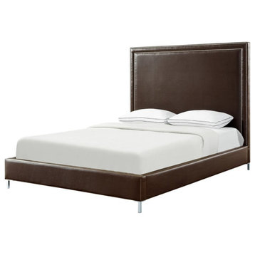 Posh Living Tristan Leather Platform King Bed Frame with Nailhead in Espresso