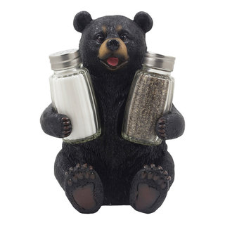 Decorative Black Bear Glass Salt and Pepper Shaker Set with Holder Figurine Sculpture for Rustic Lodge and Cabin Kitchen Table Decor Centerpieces &