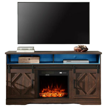 Farmhouse Fireplace TV Stand, Brown Wood Frame With Sliding Doors, Blue Lights