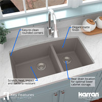 Karran Undermount Quartz 32" 60/40 Double Bowl Kitchen Sink Kit, Concrete