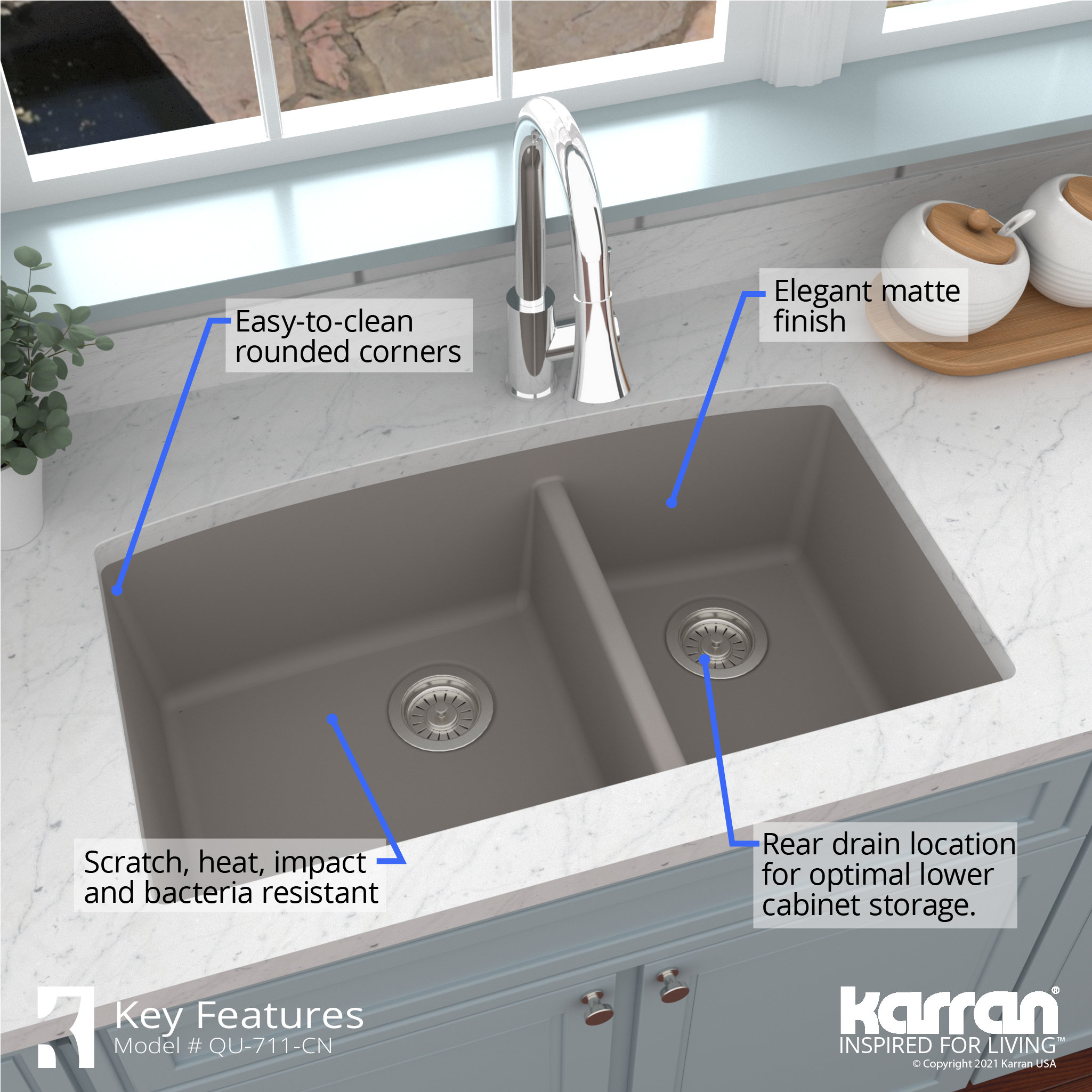 Karran Undermount Quartz 32" 60/40 Double Bowl Kitchen Sink Kit, Concrete