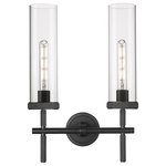 Innovations Lighting - Lincoln, 2 Light 12" Vanity Light, Matte Black, Clear Glass - The Lincoln collection makes a statement with bold and striking details. The impressive glass cylinder shade sits atop a refined metal frame that features perfectly placed knurling details. Lincoln is a gorgeous addition to traditional or restoration decor.