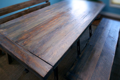 Reclaimed industrial oak table with benches