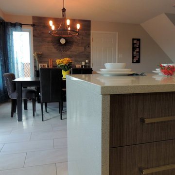 Melamine kitchen with quartz waterfall counter top