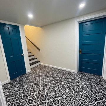 Basement Bathroom Addition with Custom Storage Shelves