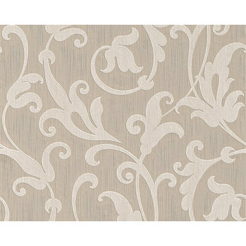Tessuto, Baroque Fabric Beige Wallpaper Roll, Wall Decor Accent