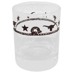 West Creation - Stars and Longhorns Texas Shot Glasses, 3 oz. - This luxurious collection of fine quality glassware offers exceptional clarity, finish, and craftsmanship. Dishwasher and microwave safe. Our flatware line 18/10 has been designed to enhance any western, lodge, or rustic table setting and is completely dishwasher safe. This four piece set can be used as shot glasses or as votive candle holders, and each piece is decorated with rope and ranch brands in rich dark brown.