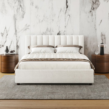 Omax Decor Jaxon Modern Upholstered Platform Bed, White Boucle, Queen