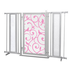Fusion Gates - Fusion Gate with Songbirds in Pink Design, Satin Nickel, 52"-60" - Dog Gates