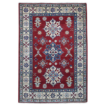 4'x5'10" Red Geometric Design Kazak Pure Wool Handmade Oriental Rug