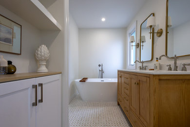 Large master white tile and subway tile mosaic tile floor, multicolored floor and double-sink bathroom photo in Toronto with beige cabinets, white walls, quartz countertops, a hinged shower door, white countertops and a freestanding vanity