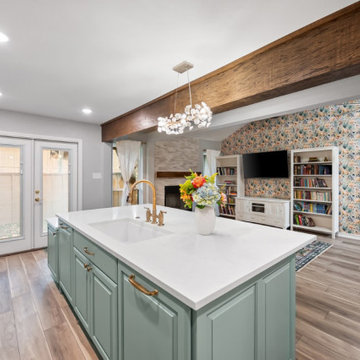 Kitchen Overlooking Cozy Living Room with Bold Floral Wallpaper