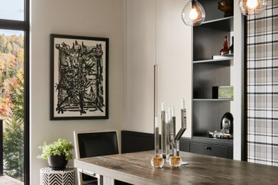 Kitchen/dining room combo - mid-sized contemporary concrete floor and gray floor kitchen/dining room combo idea in Montreal with white walls