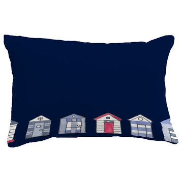 Beach Huts Geometric Print Throw Pillow With Linen Texture, Navy, 14"x20"
