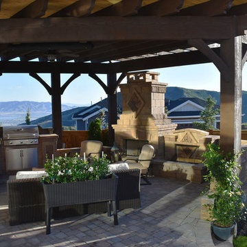 Timber Pavilion w/ Fireplace, Waterfall Fountains & BBQ Bar