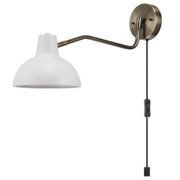 Elon 1-Light Matte White and Antique Brass, Plug-In/Hardwire Wall Sconce