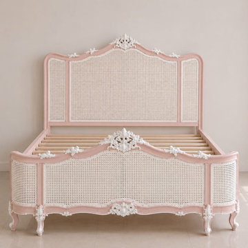 Pink & White French Rococo Cane Bed | Hand-Carved Luxury Bed Frame