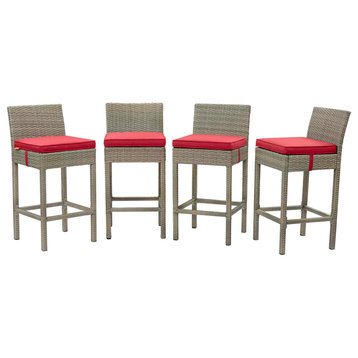 Contemporary Outdoor Patio Bar Stool Chair, Set of Four, Fabric Rattan, Red
