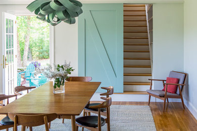 Mid-sized cottage medium tone wood floor kitchen/dining room combo photo in Boston with white walls and no fireplace