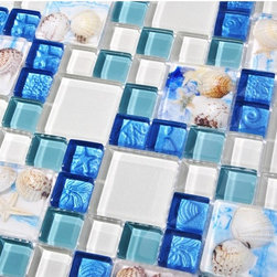 TST Glass Conch Tiles Beach Style Sea Blue Glass Tile Glass Mosaics Wall Art Kit - Mosaic Tile