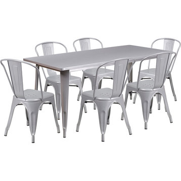 31.5"x63" Rectangular Silver Metal 6-Piece Table Set Stack Chairs