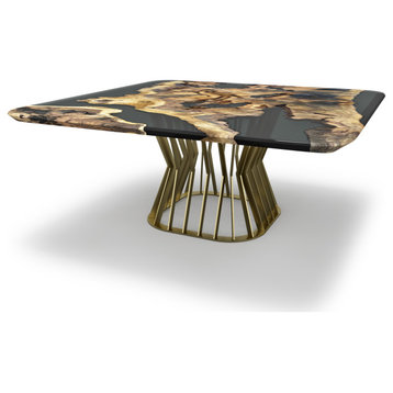 Egina Square Olive Dining Table, Dark Smoked Top & Gold Base, 10 Seater
