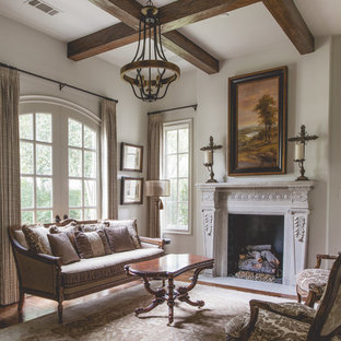 Mittelgroßes, Fernseherloses, Abgetrenntes Mediterranes Musikzimmer mit weißer Wandfarbe, braunem Holzboden, Kamin und Kaminsims aus Stein in Dallas